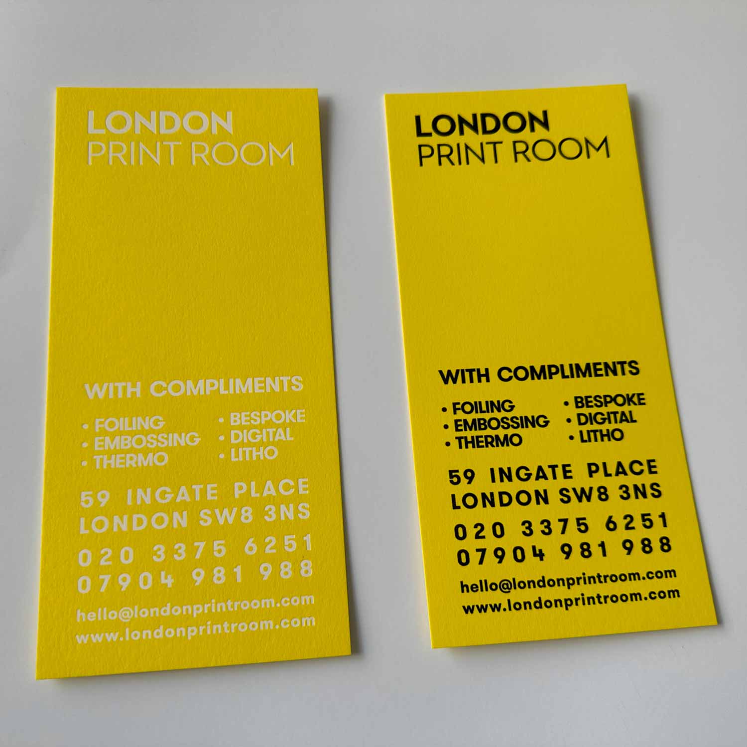 London Print Room | GF Smith Colorplan Factory Yellow compliment slips, printed in 540 gram stock and foiled Foilco White/Black Foil.