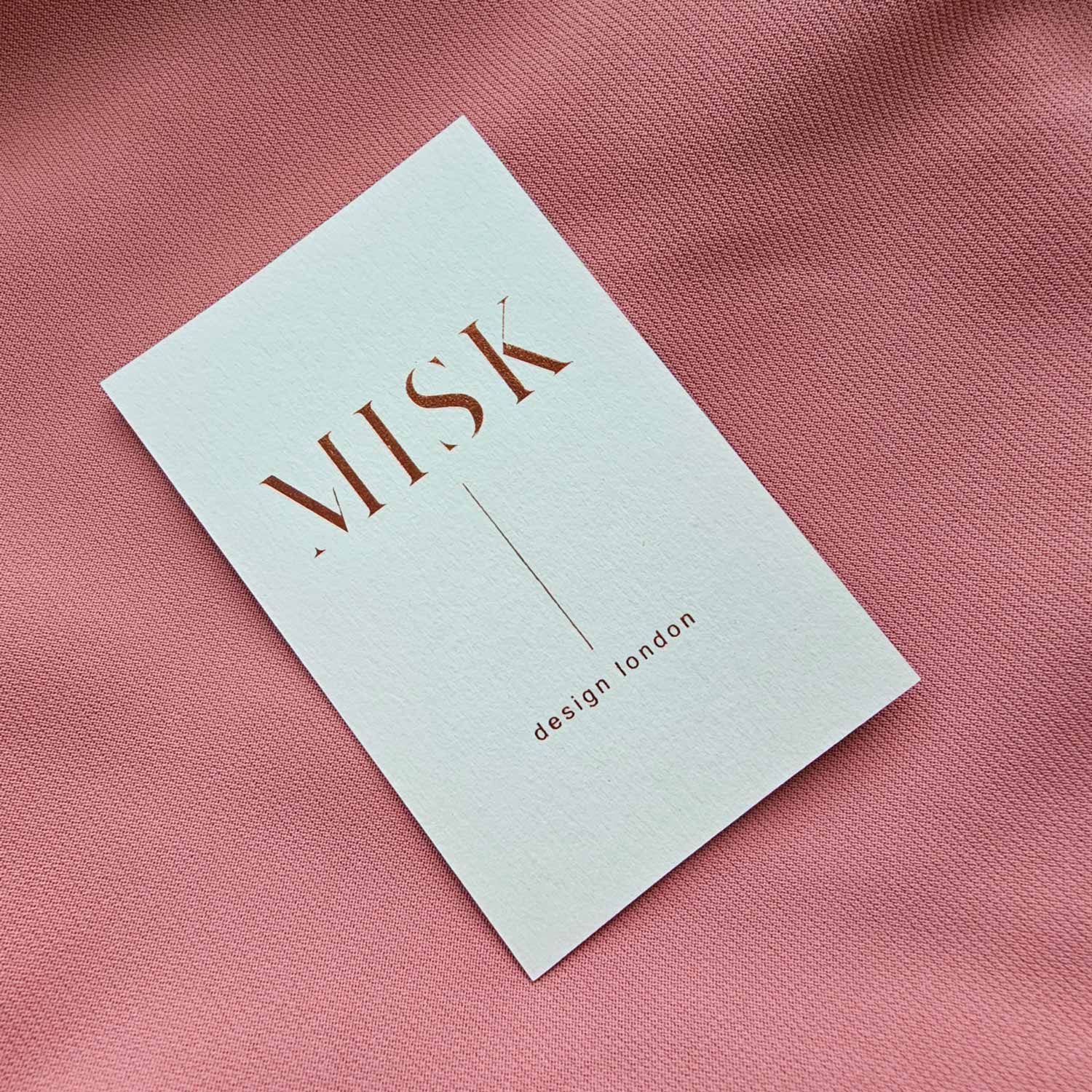 London Print Room | Misk - GF Smith Colorplan China White business cards, printed on 350 gram stock and foiled in Foilco Bright Copper.