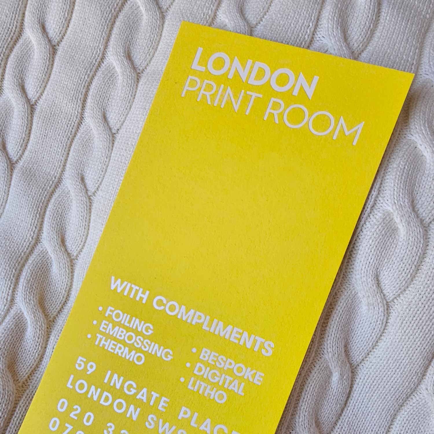 London Print Room | GF Smith Colorplan Factory Yellow compliment slip, printed in 540 gram stock and foiled Foilco White Foil.